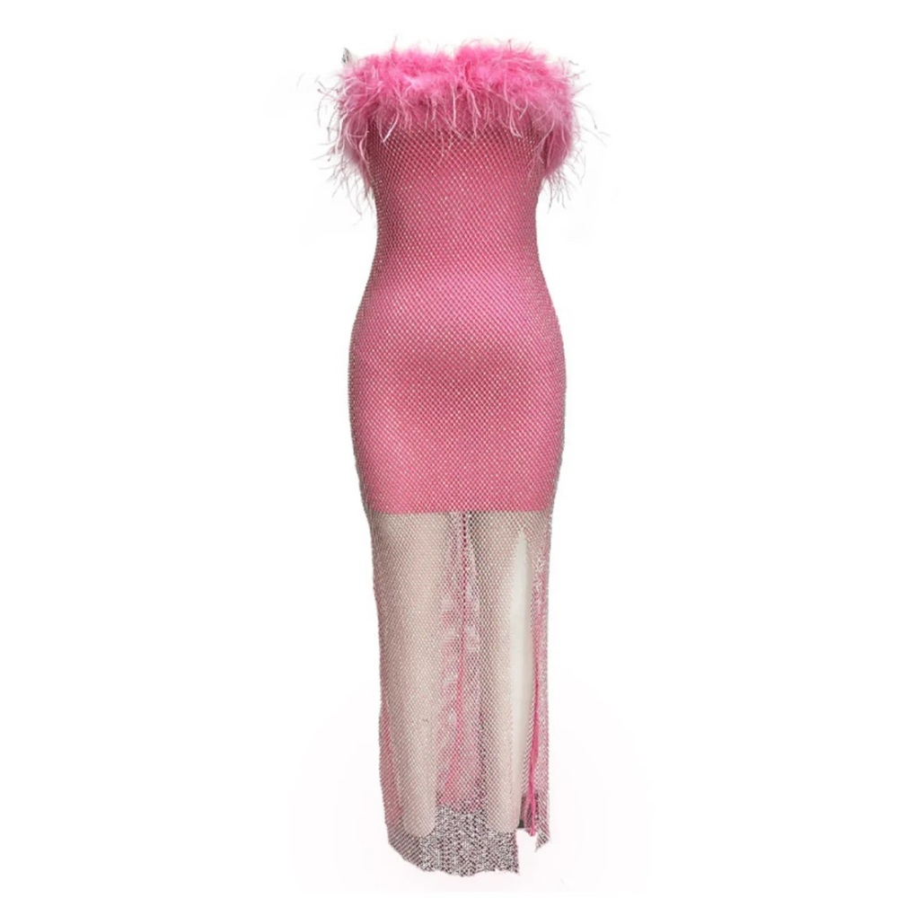 Mewmews Barbie Mesh Rhinestone Maxi Bandage Dress In Hot Pink - Picture 5 of 8